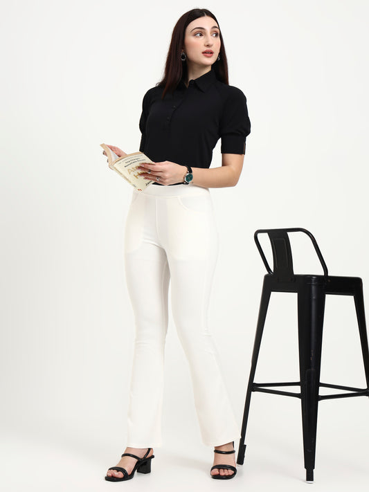 BELL BOTTOM JEGGING In White | Retro Chic Comfort with Modern All-Season Stretch
